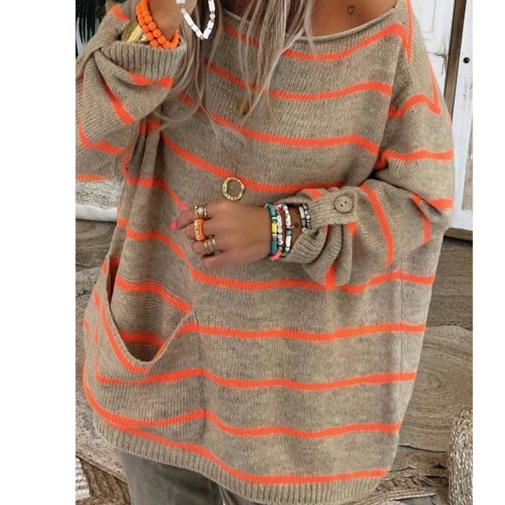 Striped Orange and Tan Women's Sweater - Picture 3 of 4